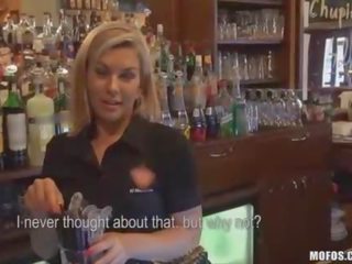 Bartender sucks shaft behind counter